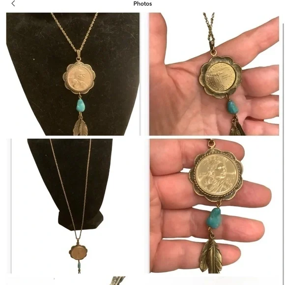 blue turquoise quarter dollar pendant hangs on a 24” gold tone necklace